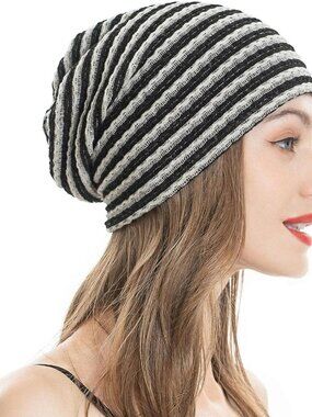 Women's Striped Black Warm Knit Winter Pull-On Classic Slouchy Stretch Skull Cap